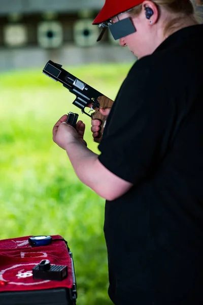 Woman Pulling Pistol Sport Shooting Training — Stock Photo, Image
