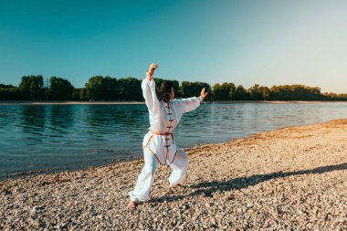 Asyalı kadın Tai Chi açık havada pratik 