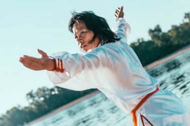 Asyalı kadın Tai Chi açık havada pratik 