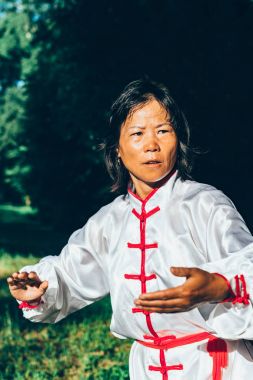 Asyalı kadın Tai Chi açık havada pratik 