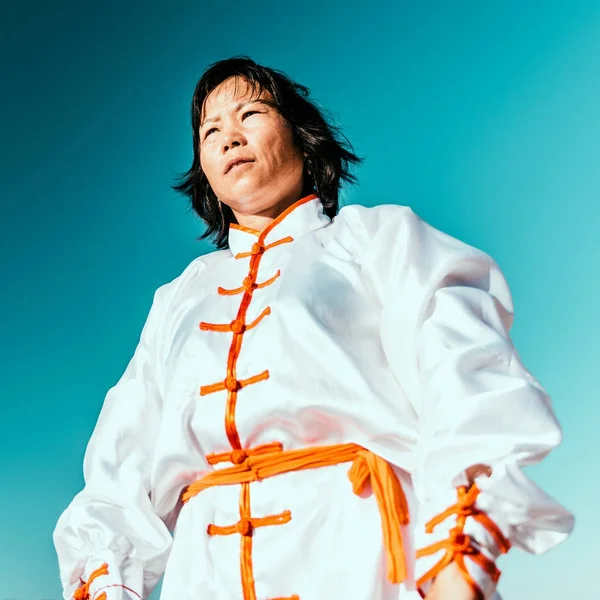 Mulher Asiática Praticando Tai Chi Livre — Fotografia de Stock