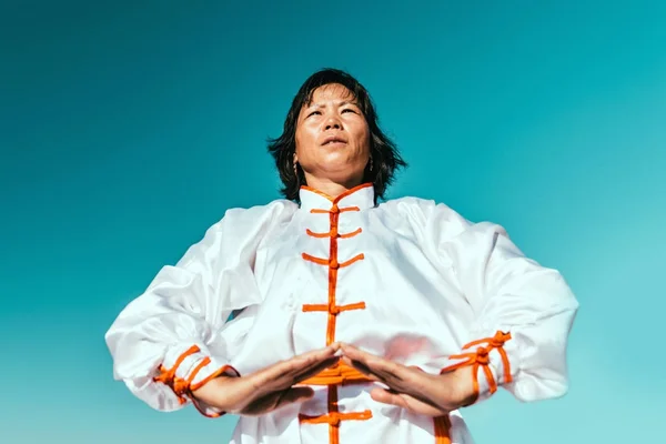 Asyalı Kadın Tai Chi Açık Havada Pratik — Stok fotoğraf