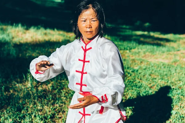 Donna Asiatica Praticare Tai Chi All Aperto — Foto Stock