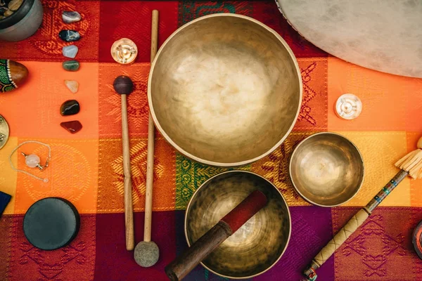 Top View Tibetan Singing Bowls — Stock Photo, Image