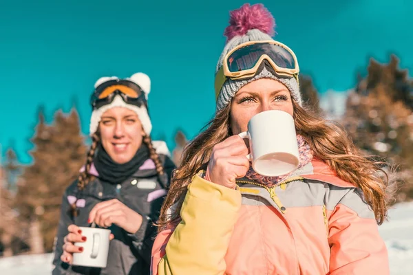 友人が山で冬の日を楽しみます 屋外でコーヒーやお茶を飲む — ストック写真