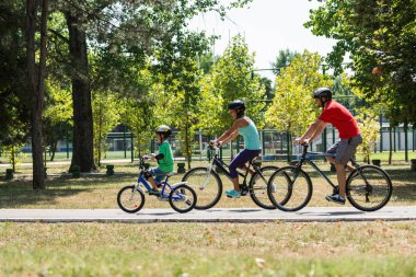 Neşeli aile parkta birlikte bisiklet sürüyor.