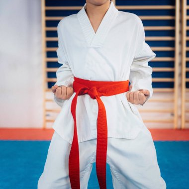 Tae kwon do duruş çocuğun yakın çekim