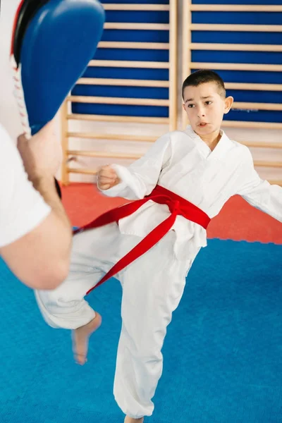 Niño Tae Kwon Hacer Entrenamiento Con Entrenador — Foto de Stock