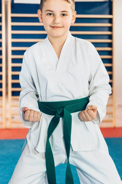 Retrato Tae Kwon Doe Boy Ginásio — Fotografia de Stock