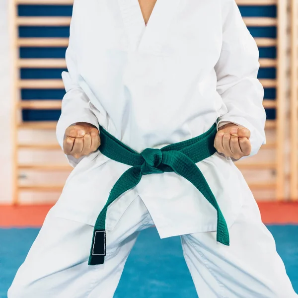 Gros Plan Garçon Dans Tae Kwon Position — Photo