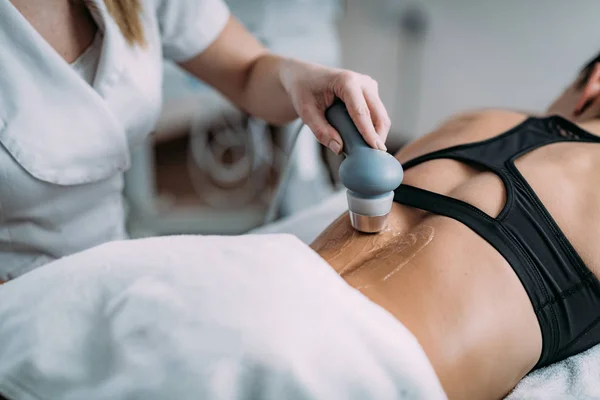 Ultrasound Physical Therapy Therapist Using Ultrasound Applicator Patients Lower Back — 스톡 사진