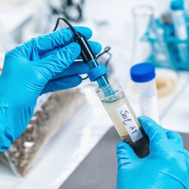 Toprak numunesinin ph 'sini elektronik ph metreyle ölçen bir bilim adamının ellerini kapat.. 