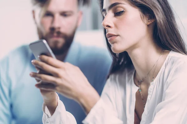 Young Ambitious Male Boss Looking Mobile Phone Female Employee Disrespecting — Stock Photo, Image