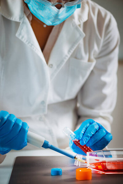 Biotechnology engineer inspecting cell culture flask