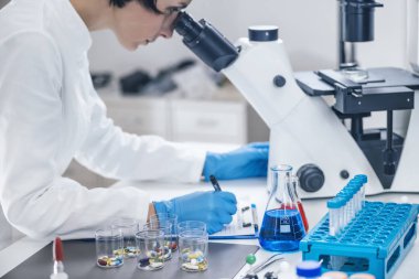 Tıp araştırmacısı yeni bir ilacı inceliyor. Beyaz laboratuvar önlüğü giymiş kadın bilim öğrencisi mikroskoptan bakıyor. 