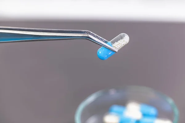 Scientist Holding Two Colored Medicine Tweezers Petri Dish Pharmaceutical Research — Stock Photo, Image