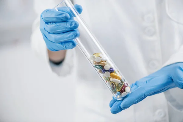 Pharmaceutical Research Doctor Hand Holding Laboratory Glass Test Tube Filled — Stock Photo, Image