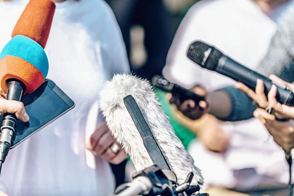 Periodistas Sosteniendo Micrófono Dictaphone Entrevistando Oradora Femenina — Foto de Stock