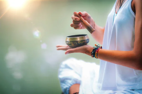 Close Image Womans Hands Holding Tibetan Bowl Water — Stock Photo, Image