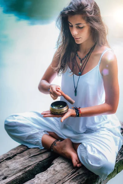 Close Image Womans Hands Holding Tibetan Singing Bowl Outdoors — Stock Photo, Image