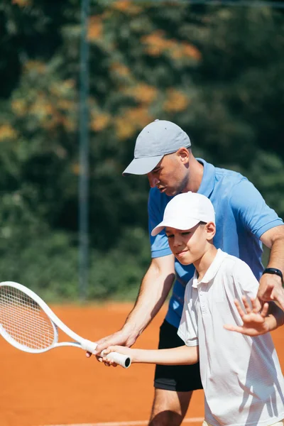 Instructor Tenis Con Niño Clase Tenis — Foto de Stock