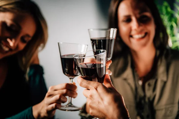 Rött Vin Skålar Kvinnliga Vänner Skålar Med Rött Vin Har — Stockfoto