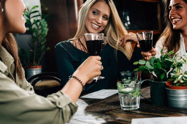 Rött Vin Skålar Kvinnliga Vänner Skålar Med Rött Vin Har — Stockfoto