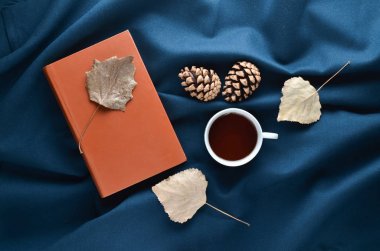 Sonbahar Kış atmosfer. Bir fincan çay, Kuru yaprakları, çam kozalakları kara çarşaf üzerinde. Üstten Görünüm. Düz yatıyordu.