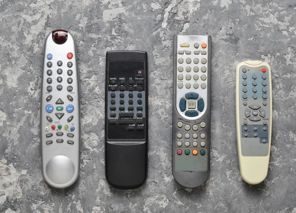 Many Remotes Gray Concrete Table Top View Remote Control Home — Stock Photo, Image