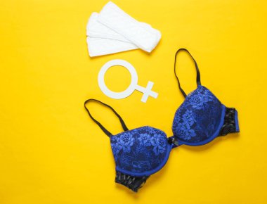 Kadınların kritik günleri, adet günleri. Minimalist kadın hijyen konsepti. Güzel seksi sutyen, külotlu çorap, sarı renkli cinsiyet sembolü.