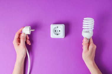 Kadın eller, mor arka planda spiral ampulü tutarken elektrik prizini prize takıyor. Minimalizm