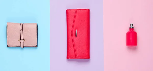 Moda Minimalista Accesorios Moda Para Mujer Sobre Fondo Pastel Monedero — Foto de Stock