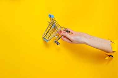 Dişi el, yırtık sarı kağıtlar arasında mini alışveriş arabası tutuyor. Asgari alışveriş konsepti