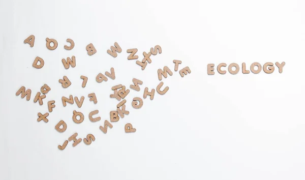 Das Wort Ökologie Zwischen Vielen Buchstaben Auf Weißem Hintergrund Ansicht — Stockfoto