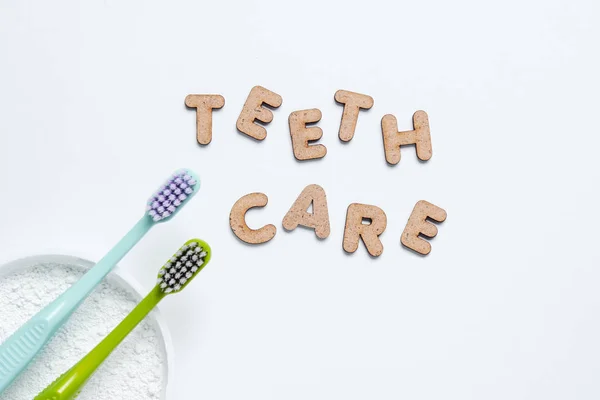 Two Toothbrushes Tooth Powder White Background Slogan Teeth Care Minimalism — Stock Photo, Image
