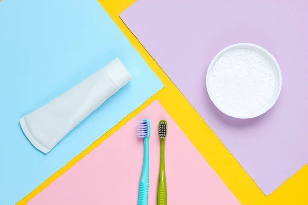 Minimalistic Oral Hygiene Concept Two Toothbrushes Tube Toothpaste Tooth Powder — Stock Photo, Image