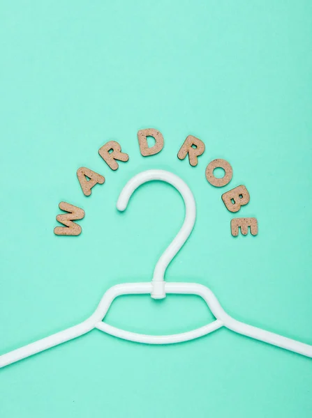 Hanger Blue Background Word Wardrobe Minimalism Top View — 스톡 사진