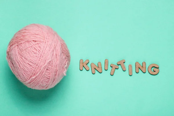 Home Hobbies Concept Wool Balls Thread Word Knitting Blue Background — 스톡 사진