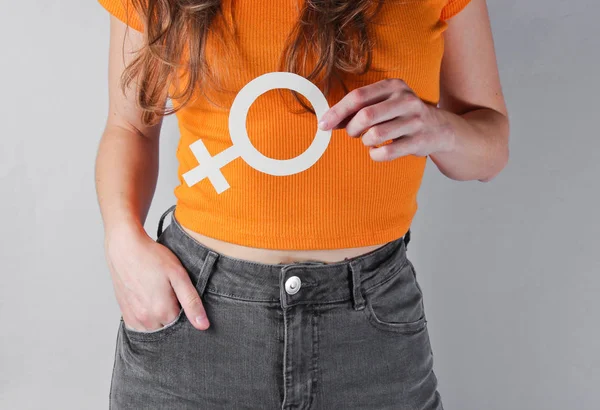 Femen Concept Woman Holds Her Hands Gender Feminism Symbol Gray — 스톡 사진