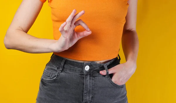 Woman Shows Gesture Okay Yellow Background Crop Photo Studio Shot — 스톡 사진