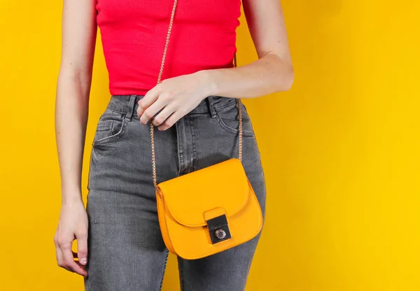 Slim Woman Yellow Leather Bag Yellow Background Crop Photo Studio — Stock Photo, Image