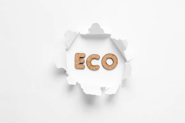 Mot Eco Dans Trou Déchiré Sur Fond Blanc Concept Écologie — Photo