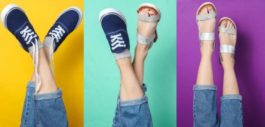 Pantolonlu kadın bacakları sandalette ve spor ayakkabıları renkli arka planda. Mevsimlik ayakkabılar. Yaratıcı moda çekimi