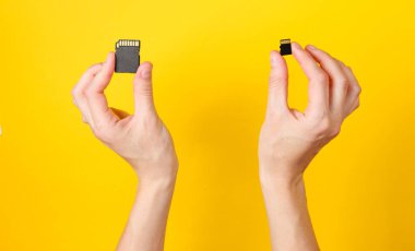 Kadın eli sarı arka planda iki Sd hafıza kartı tutuyor. Minimalist Tekno Kavramı. Üst görünüm
