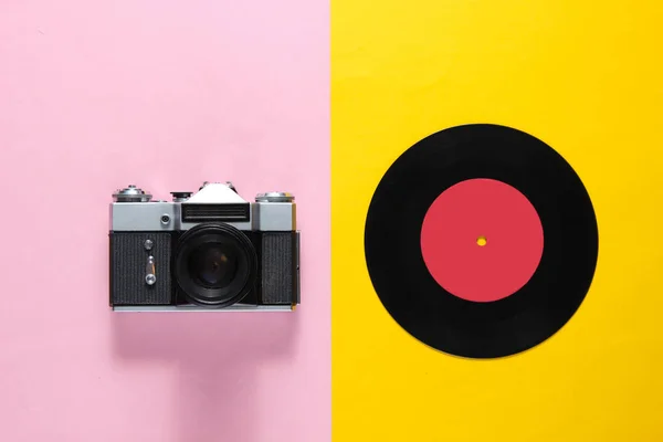 Retro Still Life 70S Vinyl Record Film Camera Pink Yellow — Stock Photo, Image