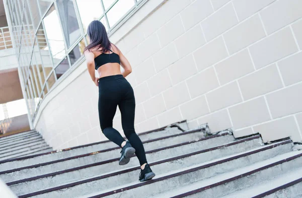 Attractive Woman Running Stairs Outdoors Back View — ストック写真