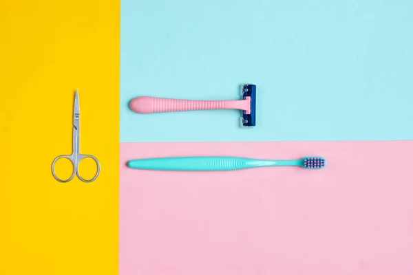 Minimalistic Personal Care Beauty Concept Plastic Razor Toothbrush Nail Scissors — Stock Photo, Image
