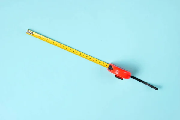 Tape Measure Blue Background Top View Minimalistic Industrial Concept — Stock Photo, Image