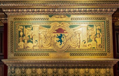 Chenonceaux, France - November 15, 2018: Detail of the decorations over the fireplace of the Cesar bedroom in the Chenonceau castle