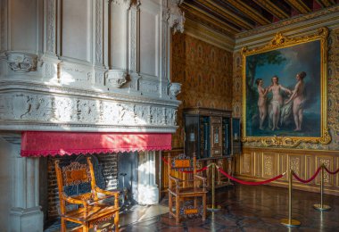 Chenonceaux, France - November 15, 2018:  The Drawing Room with fireplace in the Chenonceau castle